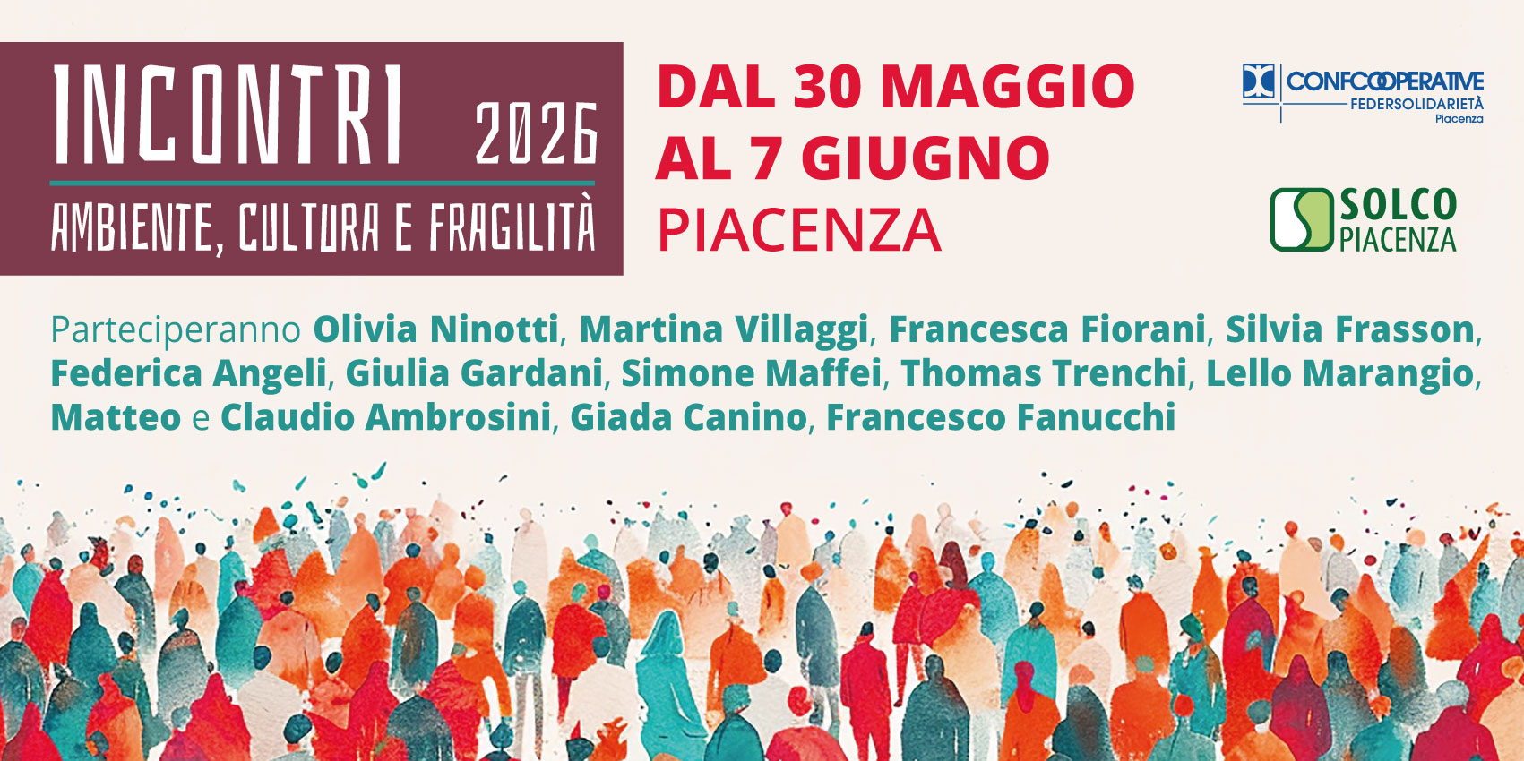 Cartolina promozionale del Festival Incontri 2026 con tutti i nomi dei partecipanti: Olivia Ninotti, Martina Villaggi, Frncesca Fiorani, Silvia Frasson, Federica Angeli, Giulia Gardani, Simone Maffei, Thomas Trenchi, Lello Marangio, Matteo e Claudio Ambrosini, Giada Canino, Francesco Fanucchi